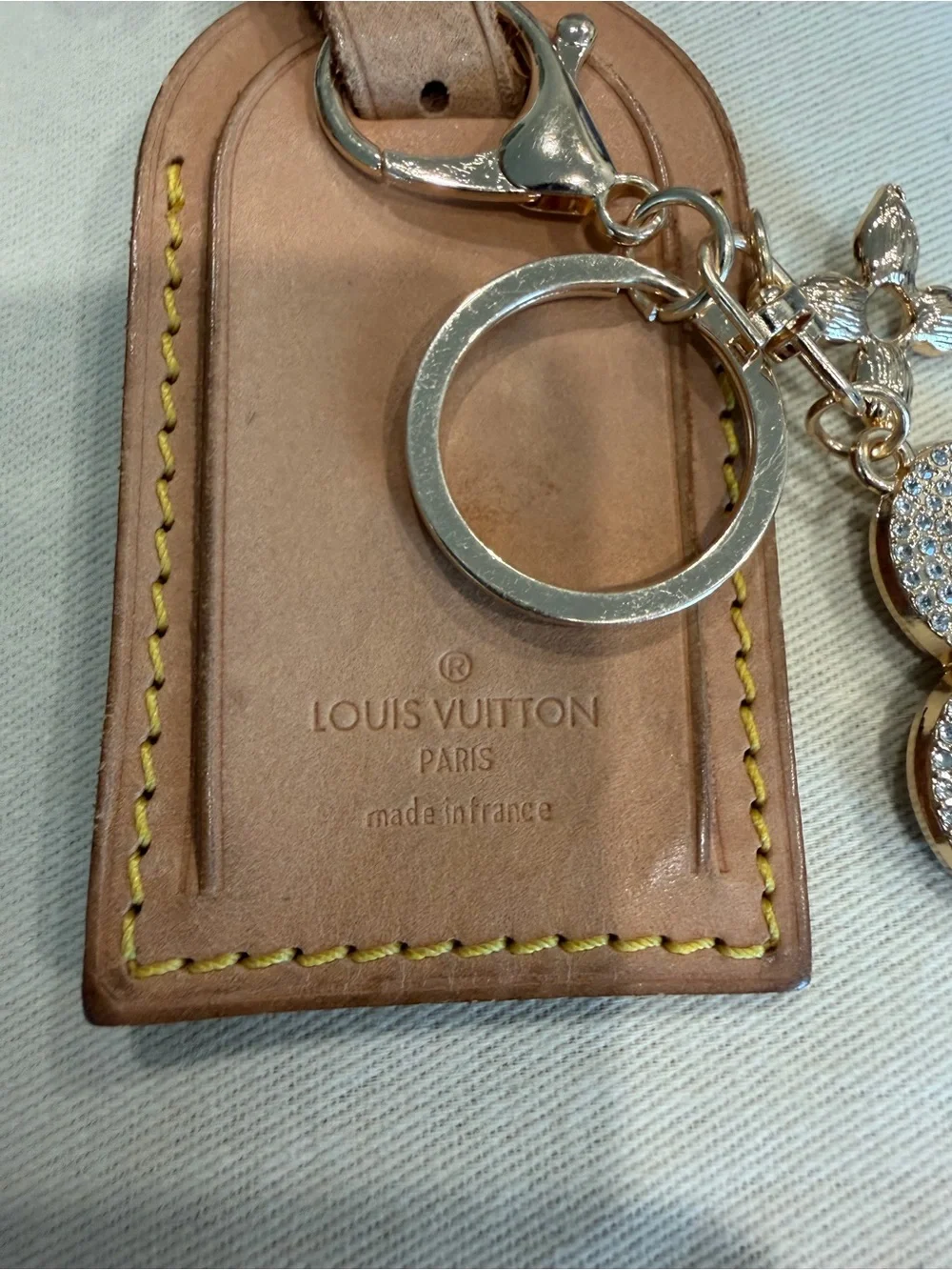 Louis Vuitton Tan Leather Key & Crystal Flower Charm Keychain